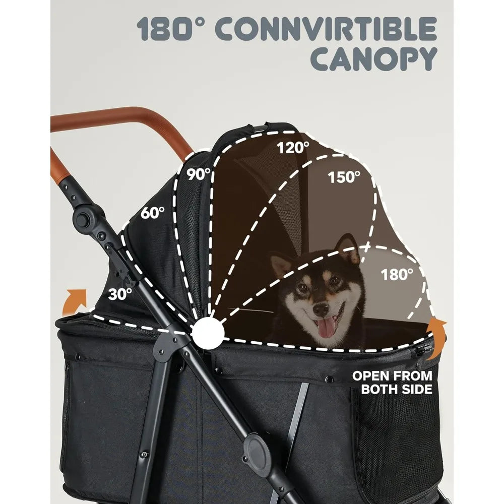 Medium Folding Pet Stroller, Up to 66lbs Dog Folding Stroller, Adjustable Handle, 180˚ Convertible Canopy, 4 Wheels Pet Products
