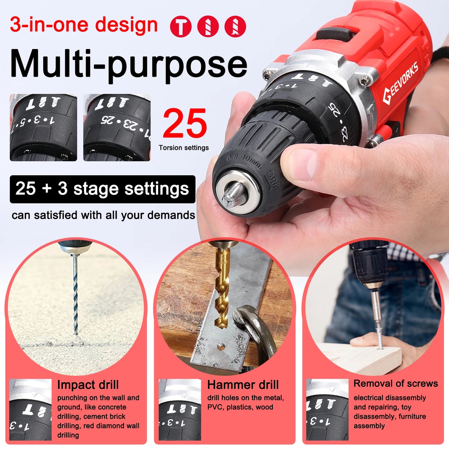 Geevorks 21V Brushless Electric Screwdriver 25+3 Torque Cordless Electric Drill 2 Speed 25 Gears Household Electric Power Drill