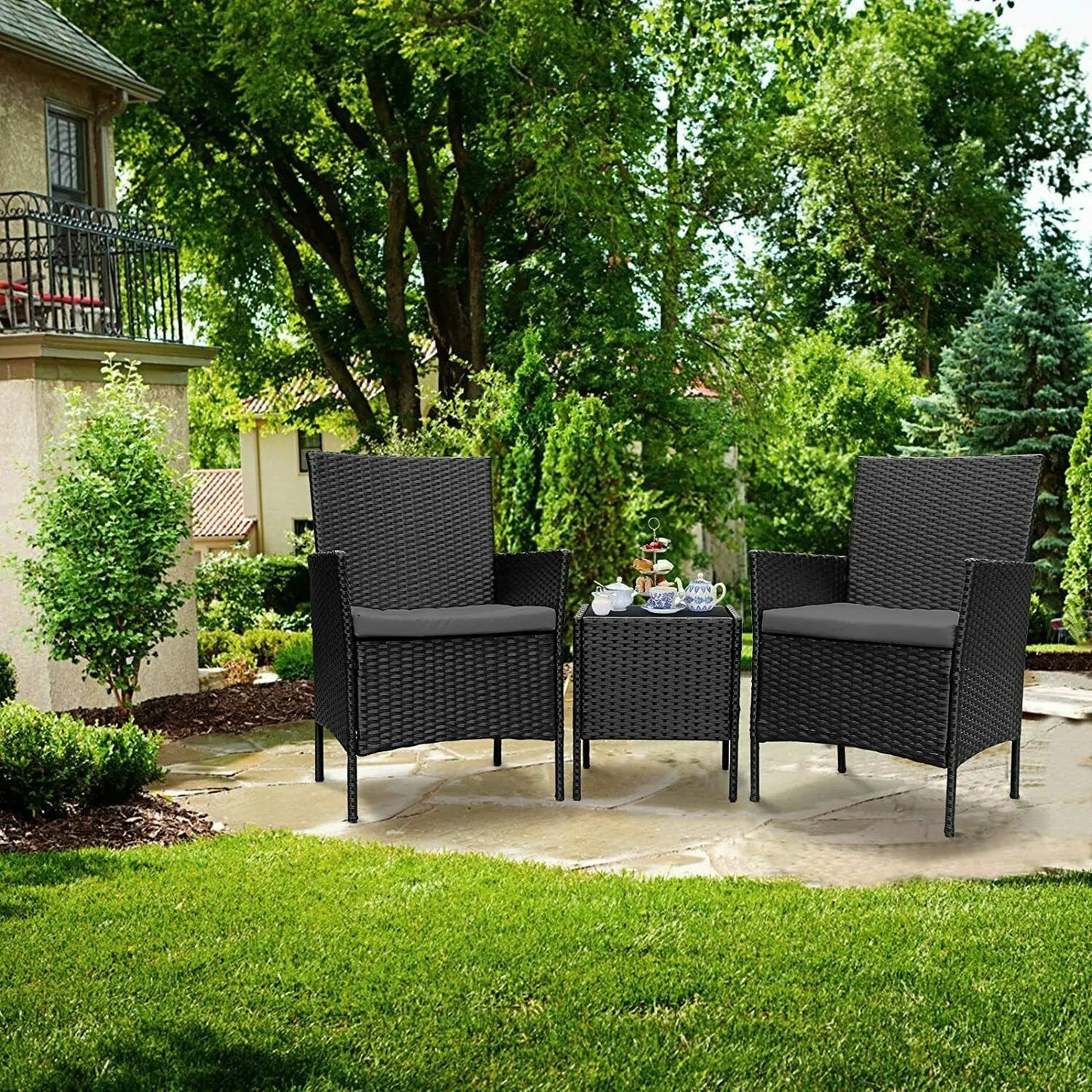 3pcs Wicker Rattan Patio Outdoor Furniture Set, Coffee Table + 2 Chairs