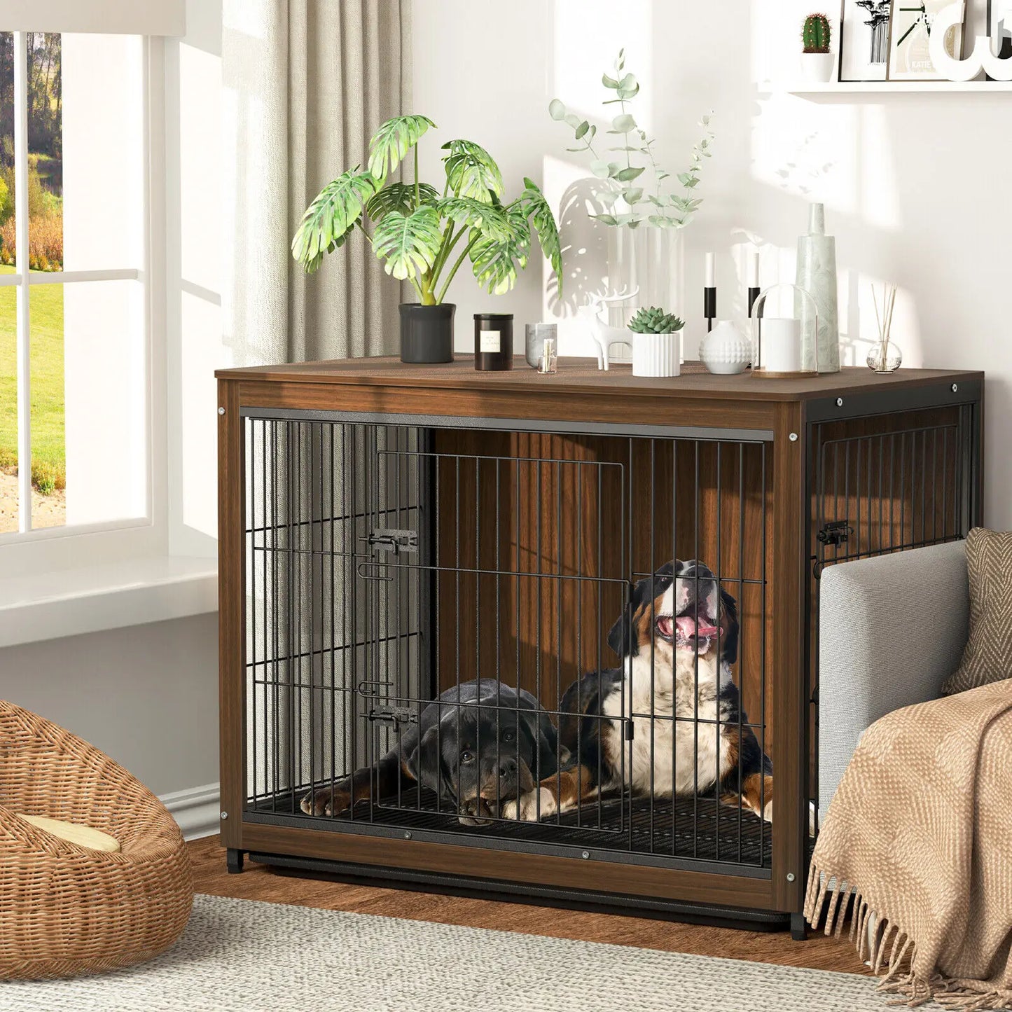 BingoPaw Wooden Kennel Double Doors with Removable Trays for Small and Medium Dogs