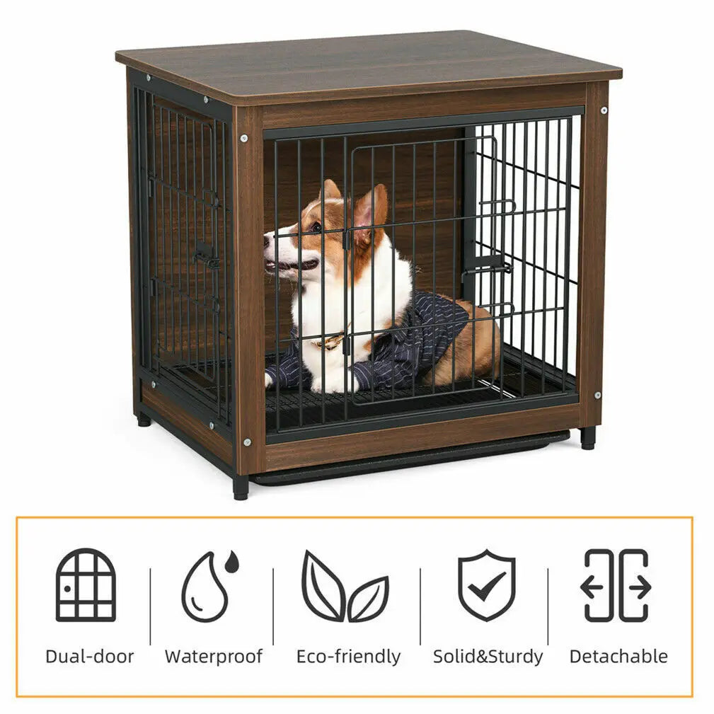 BingoPaw Wooden Kennel Double Doors with Removable Trays for Small and Medium Dogs