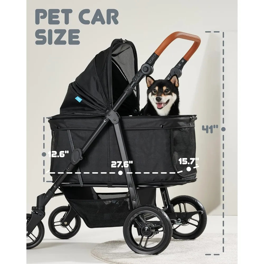 Medium Folding Pet Stroller, Up to 66lbs Dog Folding Stroller, Adjustable Handle, 180˚ Convertible Canopy, 4 Wheels Pet Products