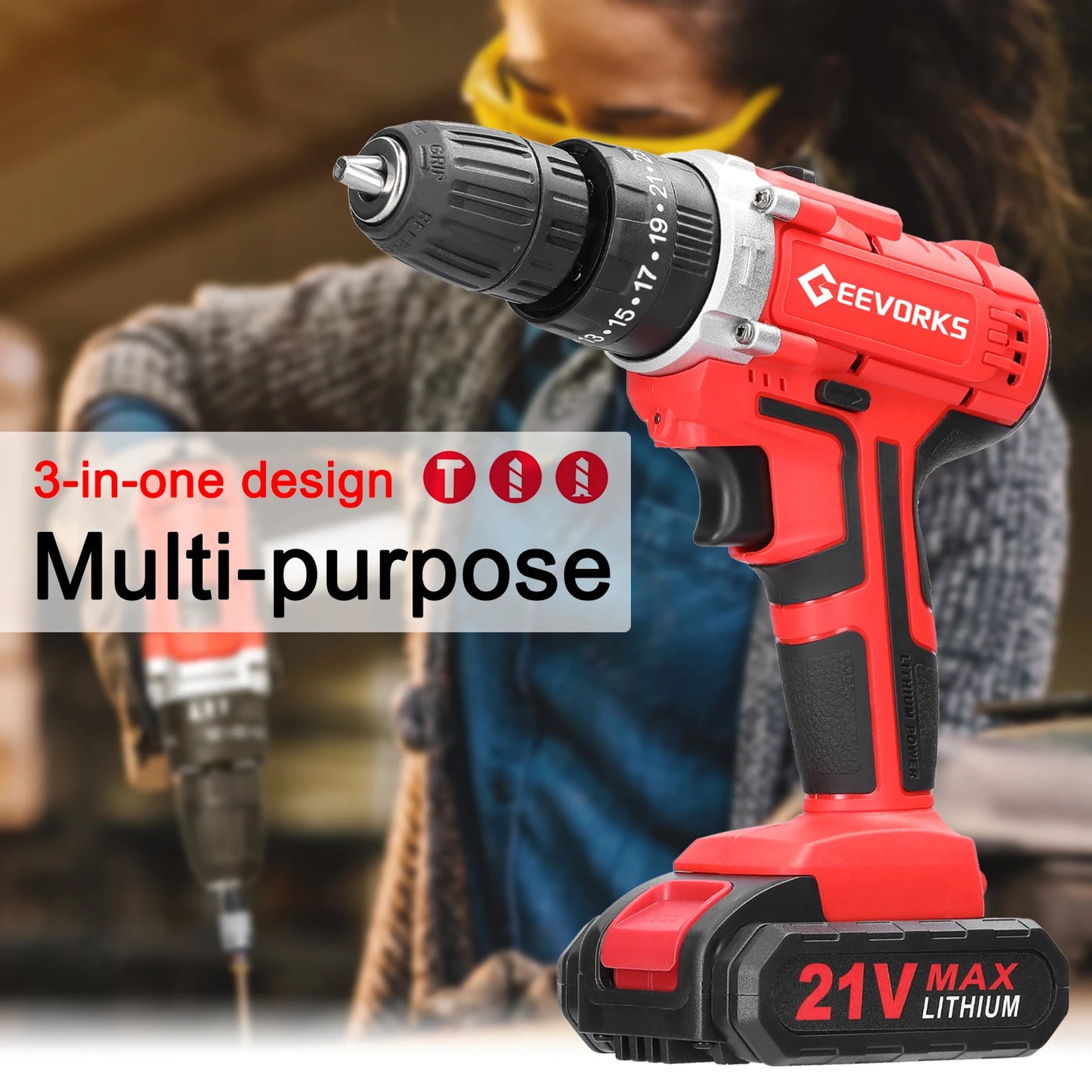 Geevorks 21V Brushless Electric Screwdriver 25+3 Torque Cordless Electric Drill 2 Speed 25 Gears Household Electric Power Drill