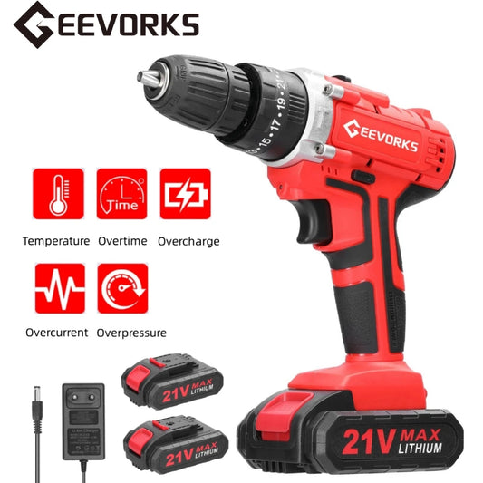 Geevorks 21V Brushless Electric Screwdriver 25+3 Torque Cordless Electric Drill 2 Speed 25 Gears Household Electric Power Drill