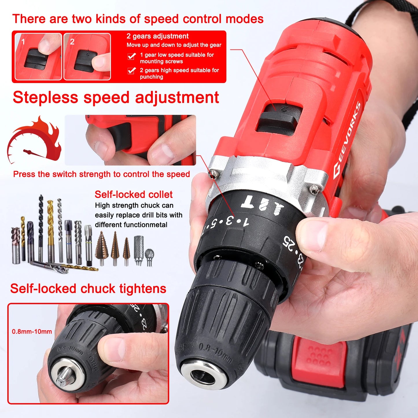 Geevorks 21V Brushless Electric Screwdriver 25+3 Torque Cordless Electric Drill 2 Speed 25 Gears Household Electric Power Drill