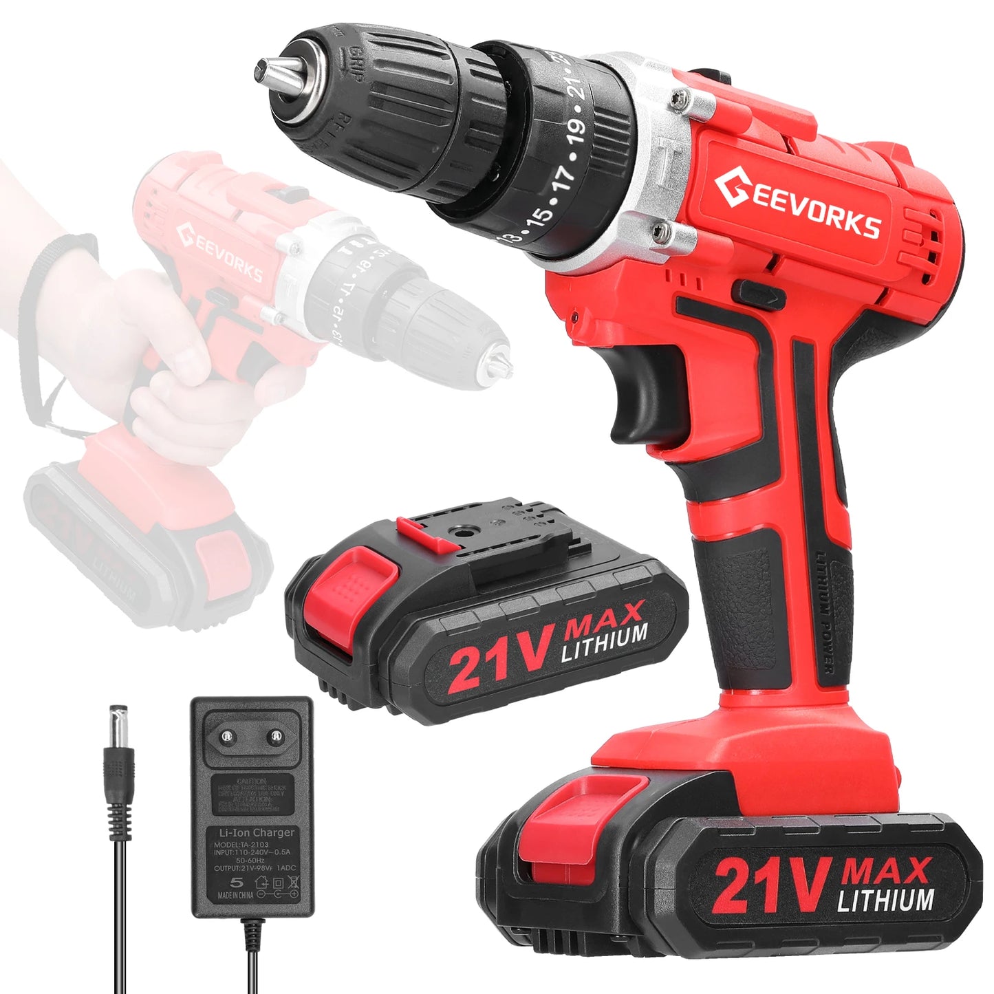 Geevorks 21V Brushless Electric Screwdriver 25+3 Torque Cordless Electric Drill 2 Speed 25 Gears Household Electric Power Drill